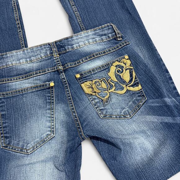 Y2K Southpole Blue Washed Denim Gold Floral Embroidered Boot-Cut Low Rise Jeans - Picture 2 of 8